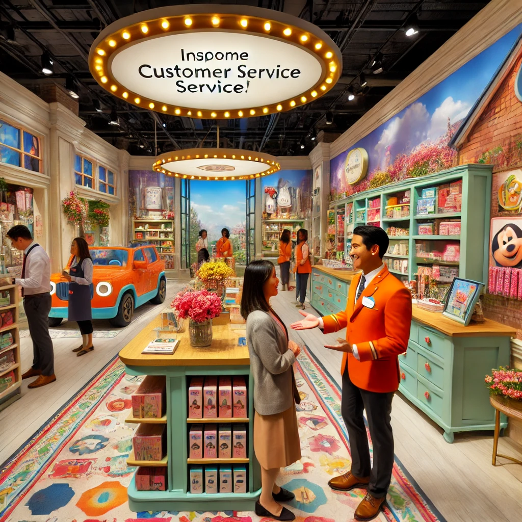 Cena vibrante de atendimento ao cliente inspirado na Disney